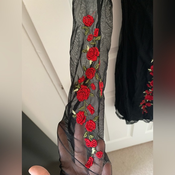 Black long-sleeved mesh and tank mini dress with embroidered red roses NWT - Picture 2 of 10